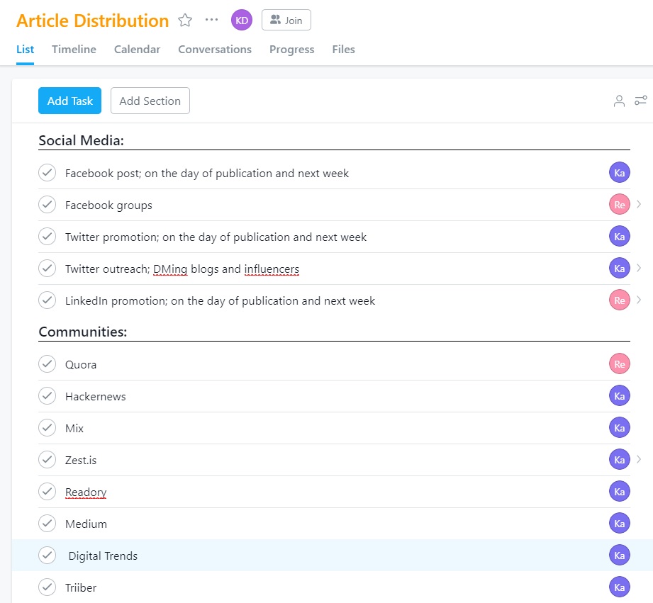 Asana Content Distribution Checklist