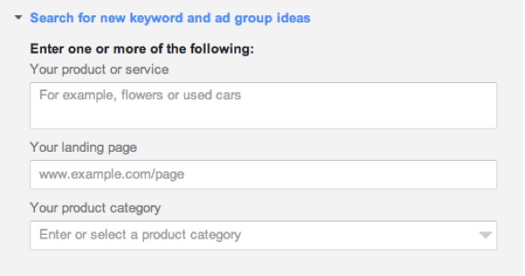 Example of settings to find new keywords in Google Keyword Planner