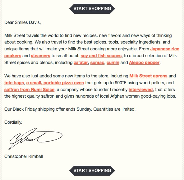 Milk Street Black Friday email copy