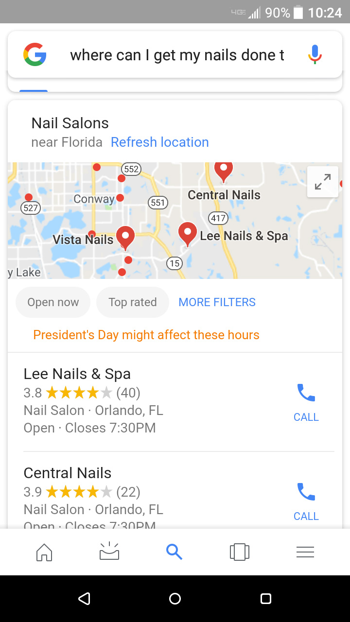 Local search results for nail salons in Florida