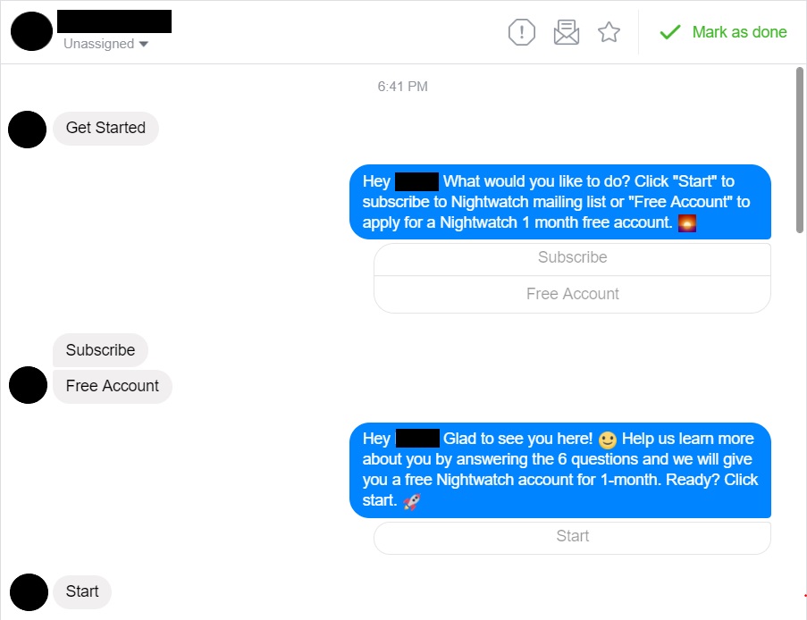 Conversation with Nightwatch's Facebook Messenger Bot