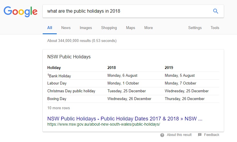 Public Holidays 2018