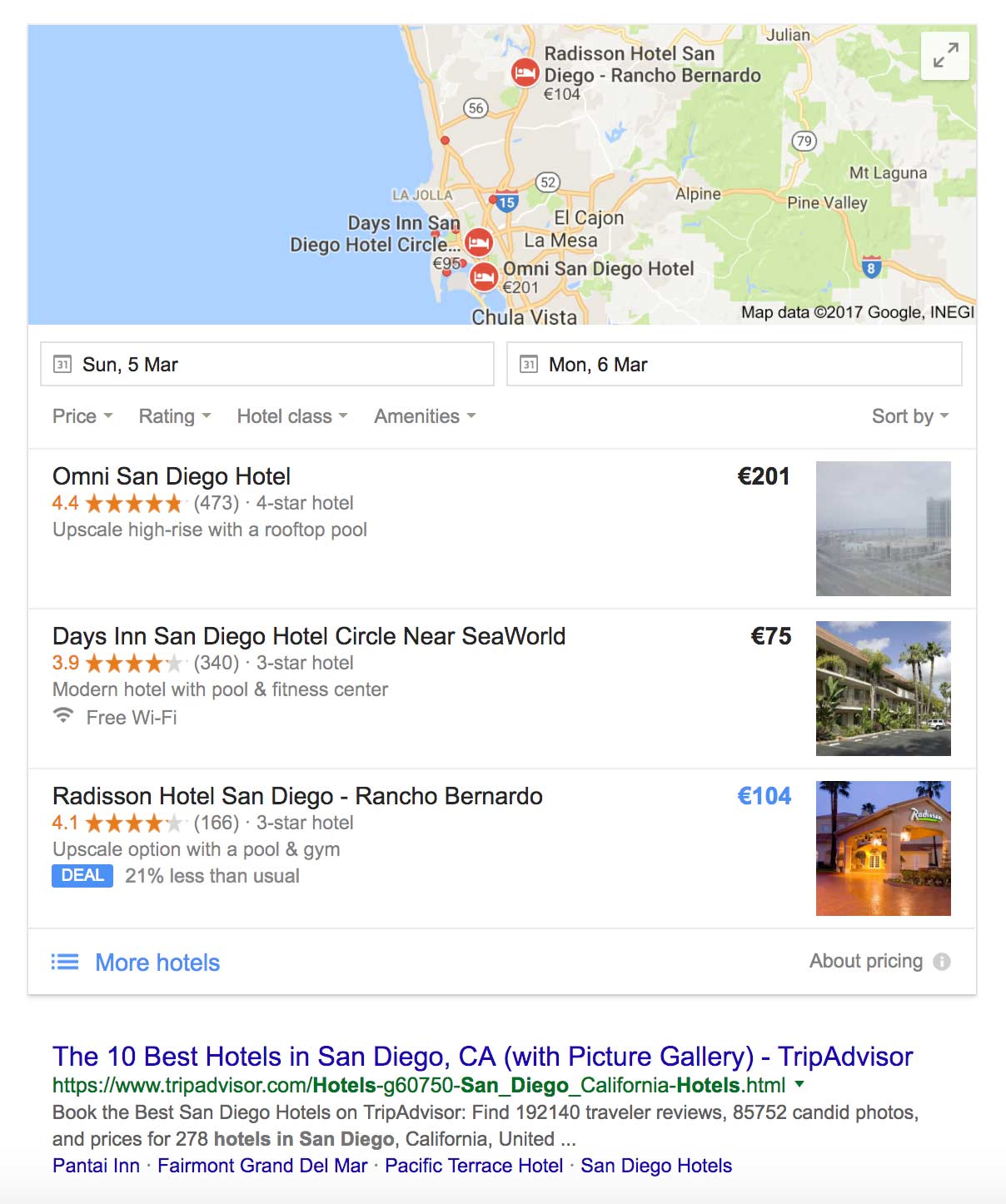 Local search results on Google, an example showing results for hotels in San Diego