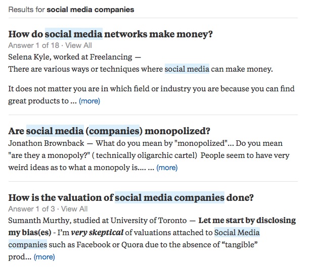 Questions around 'social media companies' in Quora