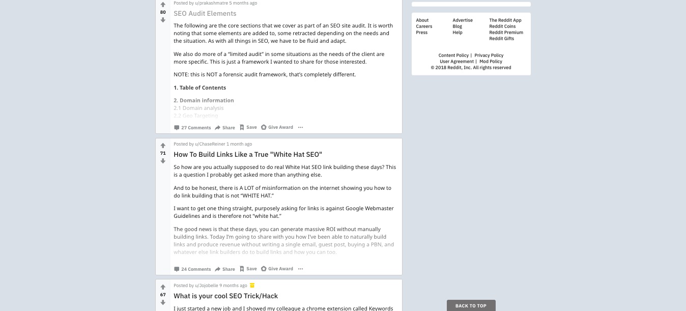 Top posts on SEO subreddit