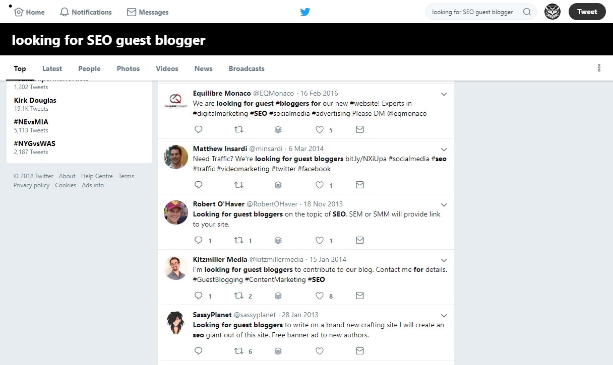 An example of Twitter search for 'SEO guest blogger'