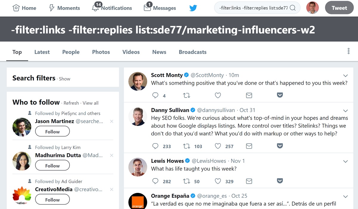 Twitter search string to find influencers' questions