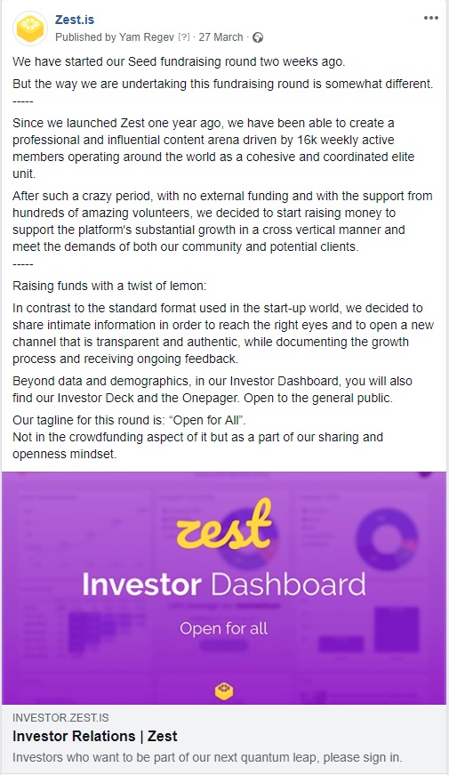 Zest.is Investor dashboard announcement